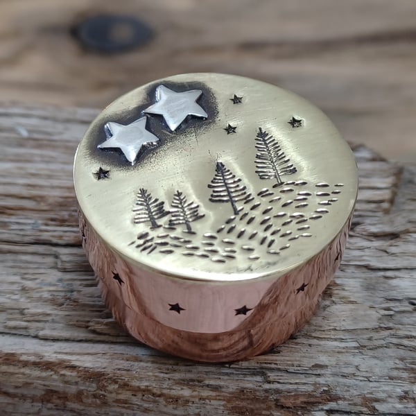 Copper box, collectable miniature copper, silver and brass mini alpine scene 