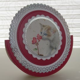 Kitten Smelling the Flowers - Circular Card - Deep Pink