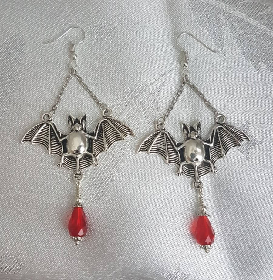 Gorgeous Large Bat Earrings - Red Crystals - Dangly Style.
