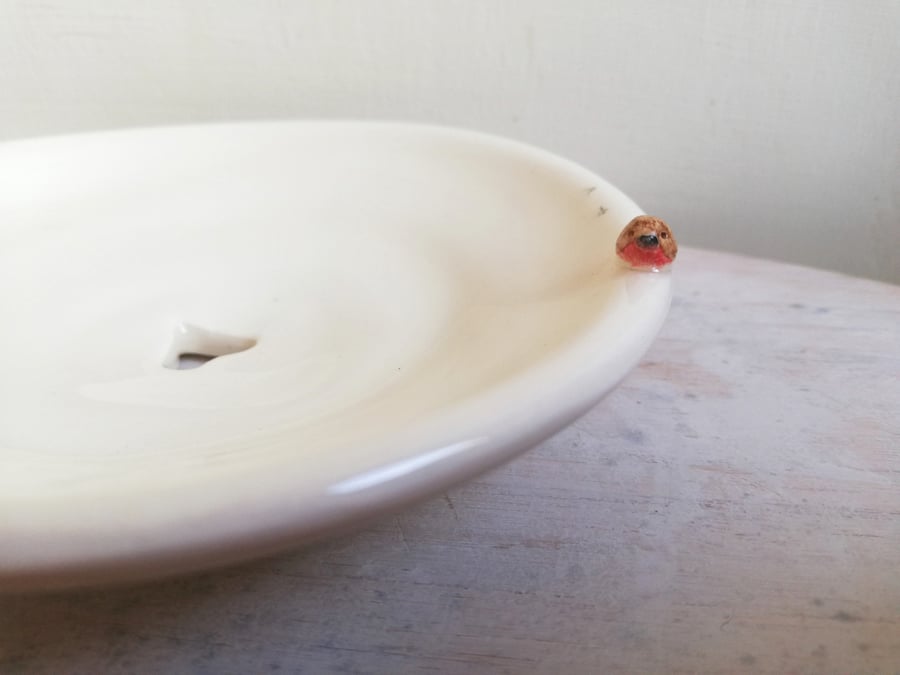 White robin soap dish with footprints heart drainage ceramic Christmas gift idea