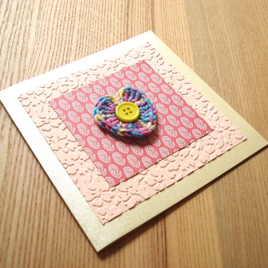 Yellow and Orange Crochet Heart Birthday Anniversary Greetings Card