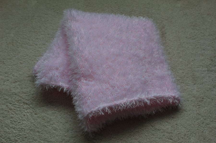 Hand Knitted Pink Fluffy Baby Blanket, Car Seat or Buggy Size
