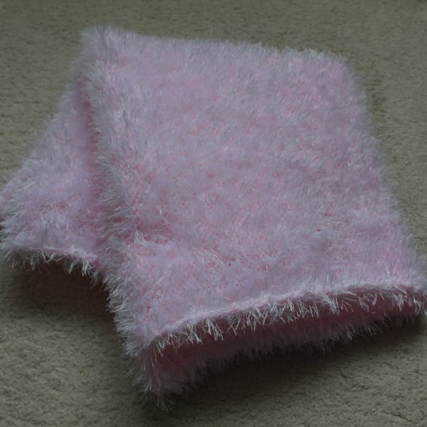 Hand Knitted Pink Fluffy Baby Blanket, Car Seat or Buggy Size