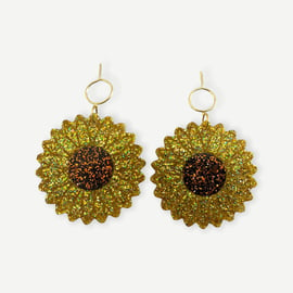 RESIN SUNFLOWER EARRINGS large disco glitter light gift for her cool kawaii