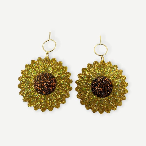 RESIN SUNFLOWER EARRINGS large disco glitter light gift for her cool kawaii