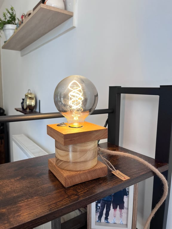 Geometric Oak & Paulownia Table Lamp – Handmade Modern Wooden Light