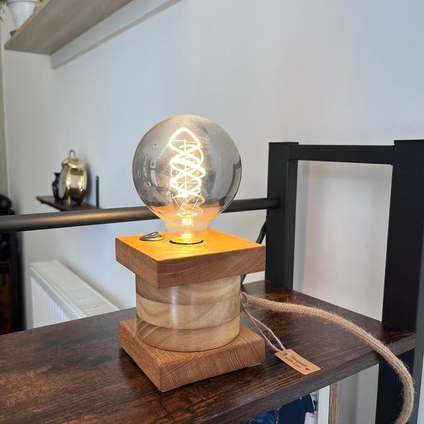 Handmade Oak & Paulownia Lamp - Geometric Wooden Table Light UK