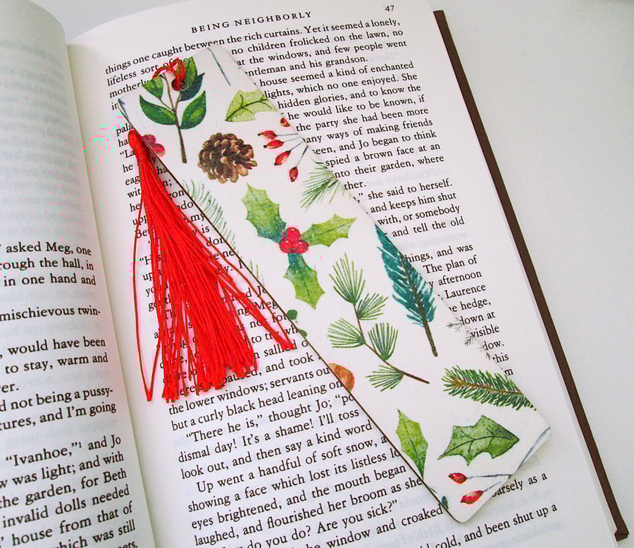 Christmas greenery wood decoupage bookmark with tassel