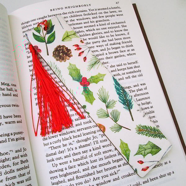 Christmas greenery wood decoupage bookmark with tassel
