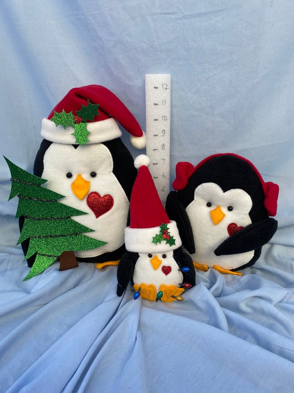 Christmas Ornaments. Display of Family of Penguins. Home Decor. Fleece and Felt.