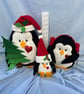 Christmas Ornaments. Display of Family of Penguins. Home Decor. Fleece and Felt. - Image 1