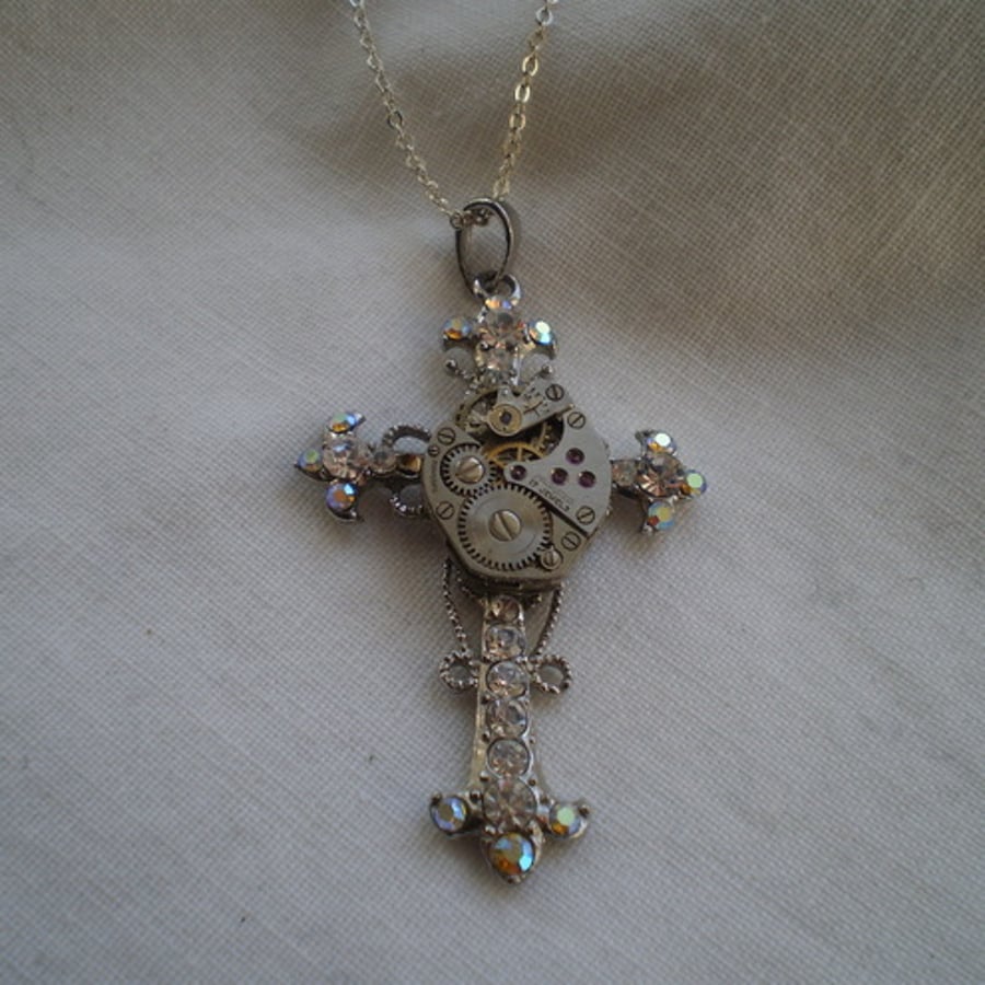 Steampunk Aurora Borealis Cross Necklace