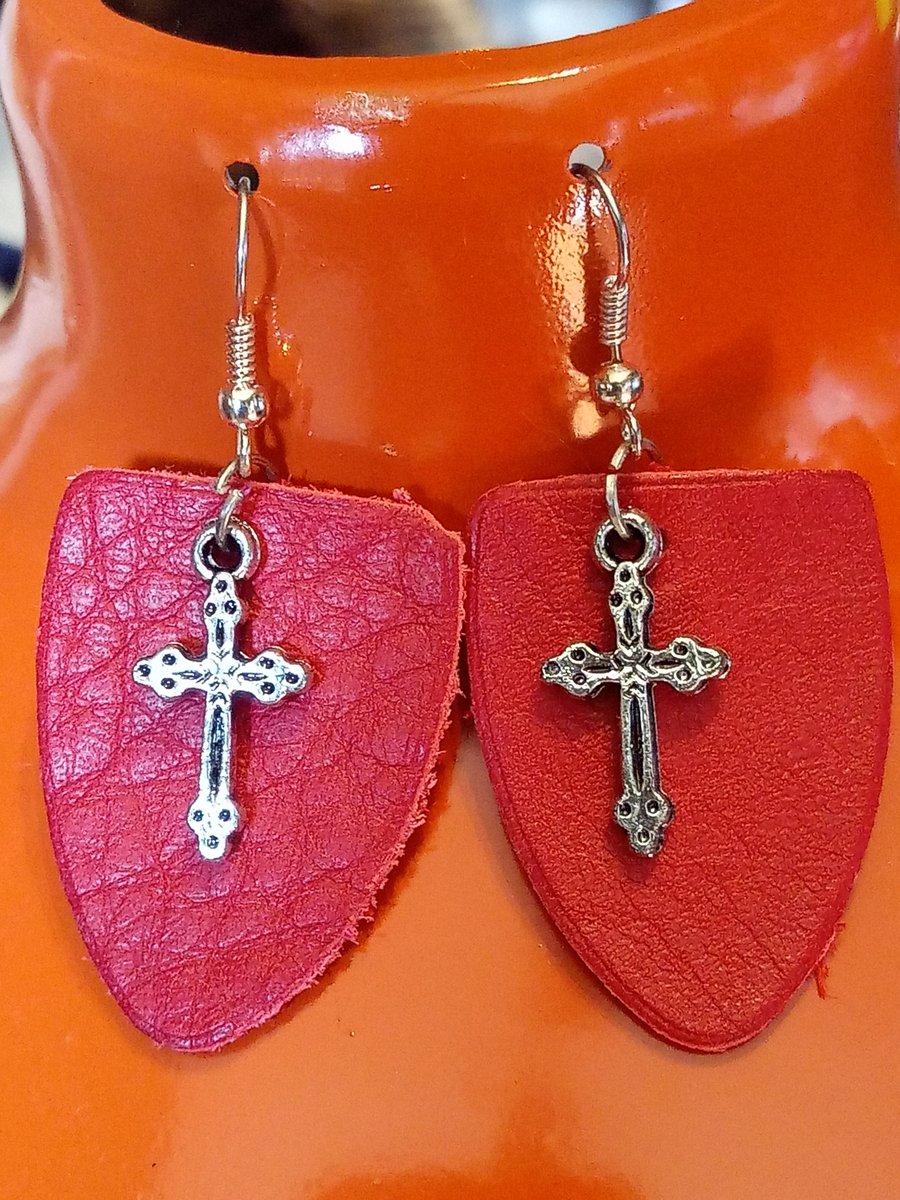 Red leather and Silver Tone Cross Earrings
