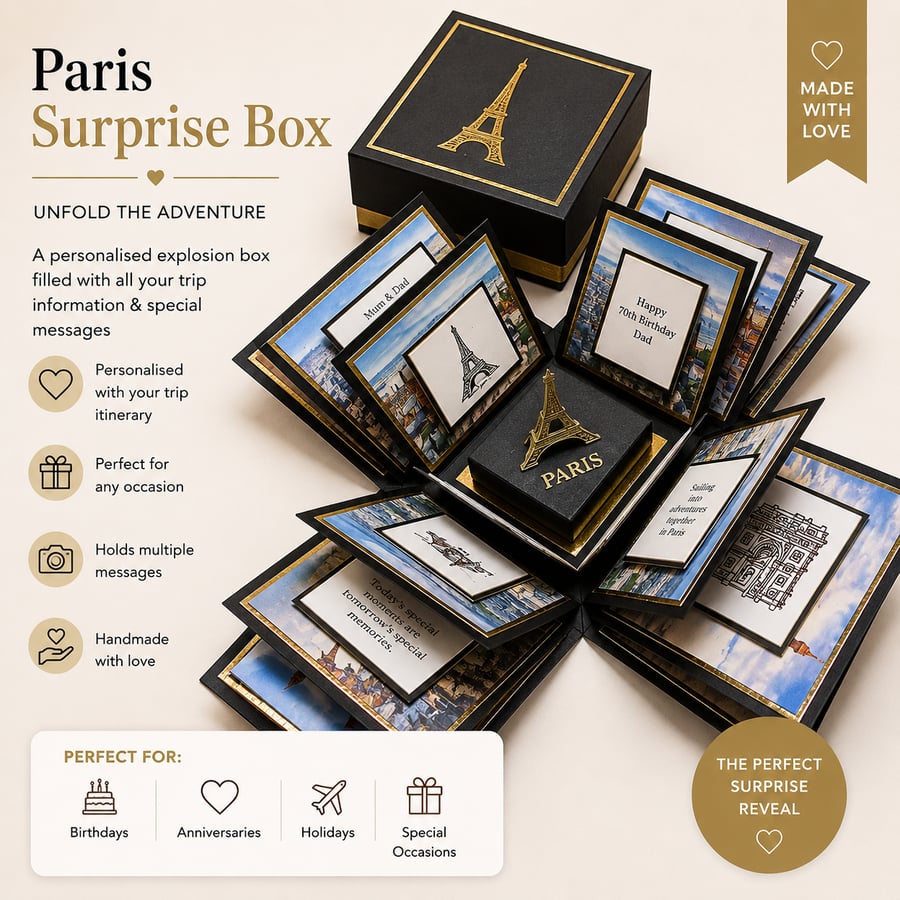 Personalised Travel Trip Reveal Box – Handmade Holiday Surprise Gift for PARIS
