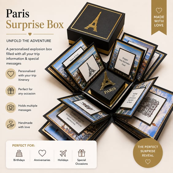 Personalised Travel Trip Reveal Box – Handmade Holiday Surprise Gift for PARIS