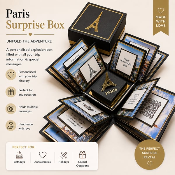 Personalised Travel Trip Reveal Box – Handmade Holiday Surprise Gift for PARIS