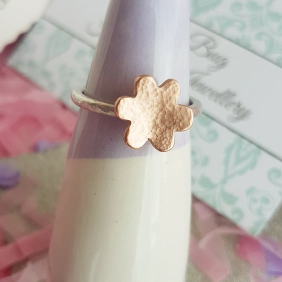 Sterling Silver Stacker Ring with Copper Flower
