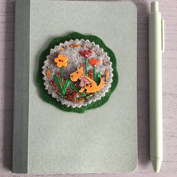 Hand Embroidered Autumn Dog Notebook and Pen Set