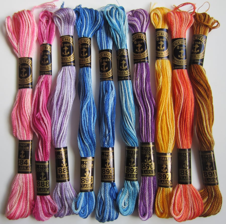 10 Skeins of Anchor Embroidery Threads - Assorted Multi Shade Colours