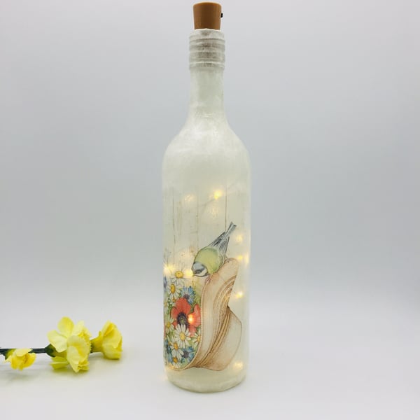 Decoupage bottle light, Birds, Blue Tit, wild flowers