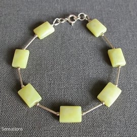 Lemon Yellow Olive Jade Faceted Oblongs & Sterling Silver Bracelet