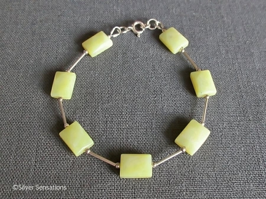 Lemon Yellow Olive Jade Faceted Oblongs & Sterling Silver Bracelet