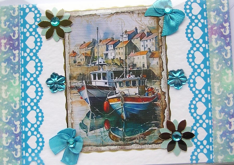 Harbour Fishing Boat Scene - Hand Crafted 3D Decoupage Card - Blank 3029