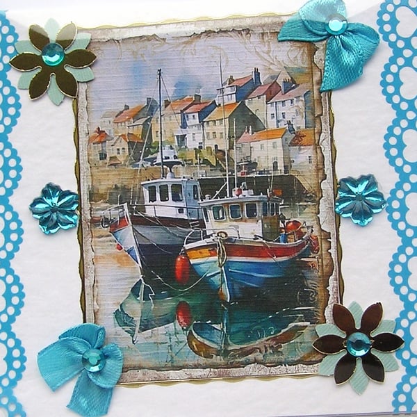 Harbour Fishing Boat Scene - Hand Crafted 3D Decoupage Card - Blank 3029