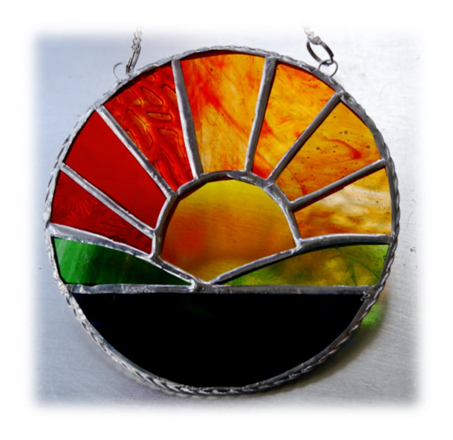 SOLD Sunrise Picture Stained Glass Suncatcher Handmade Sun Ring 024