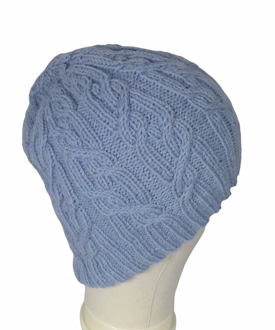 blue cable hat, slouchy cabled hat, unisex hand knit wool hat, woollen hat, wome