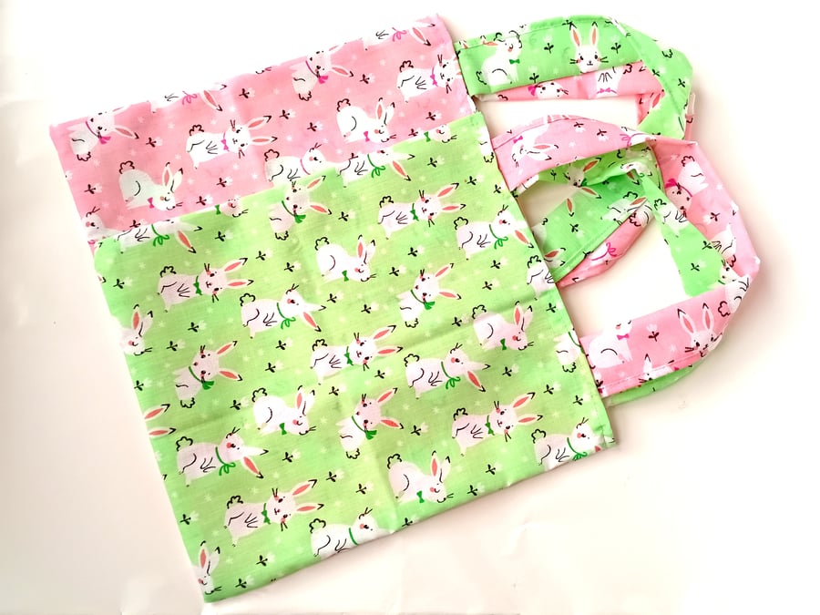 WHITE BUNNIES theme, 8 Pack, Rabbits on PINK or GREEN party, present book bags