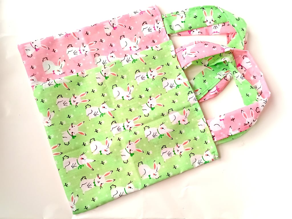 WHITE BUNNIES theme, 8 Pack, Rabbits on PINK or GREEN party, present book bags