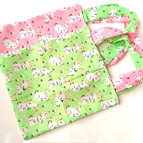 WHITE BUNNIES theme, 8 Pack, Rabbits on PINK or GREEN party, present book bags