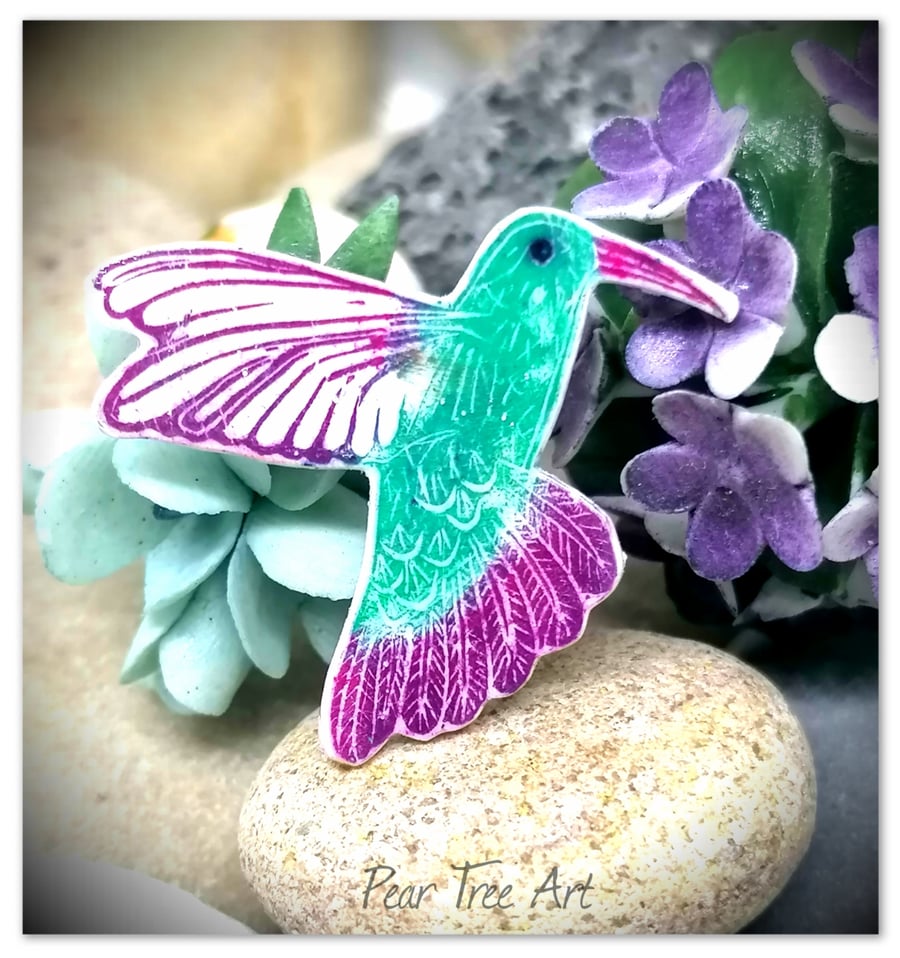 Hummingbird Brooch, Handmade, Green and pink,purple