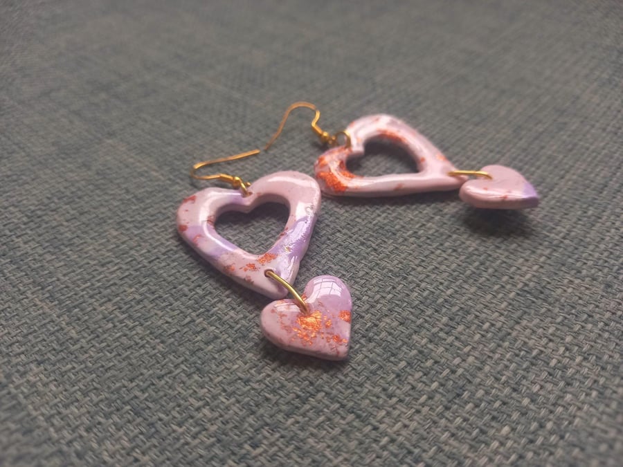 Pink and Purple Marbled Hearts with Gold Leaf Dangle Earrings