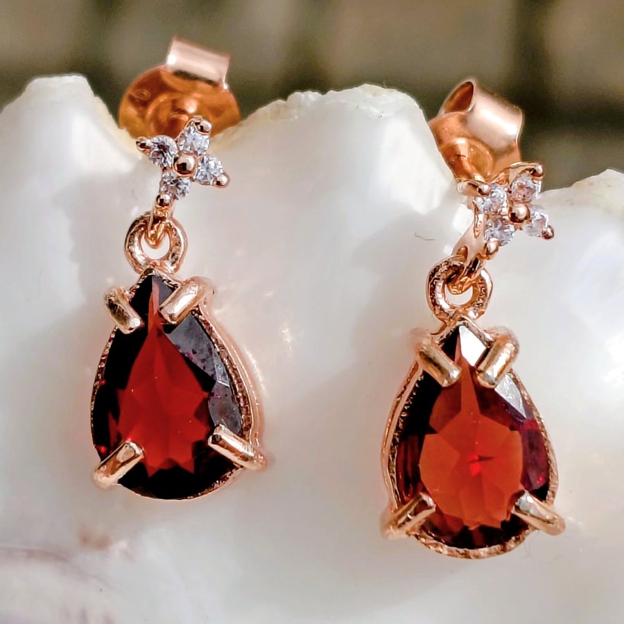 Red Garnet And Zircon Rosegold Gemstone Drop Stud Earrings