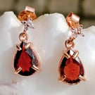 Red Garnet And Zircon Rosegold Gemstone Drop Stud Earrings