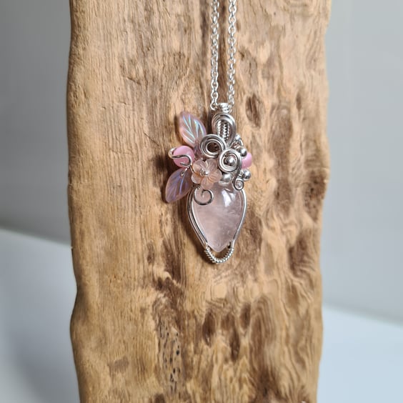 Pink 925 Silver & Rose Quartz Necklace Pendant Gift Crystal Jewellery Jewelry
