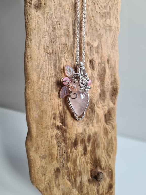 Pink 925 Silver & Rose Quartz Necklace Pendant Gift Crystal Jewellery Jewelry