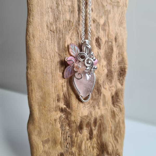 Pink 925 Silver & Rose Quartz Necklace Pendant Gift Crystal Jewellery Jewelry