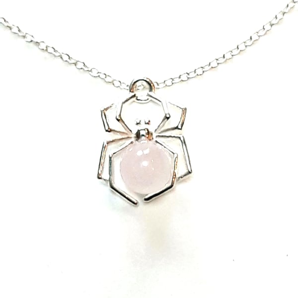 Spider Necklace, Sterling Silver with Rose Quartz Gemstone, Valentine's Gift