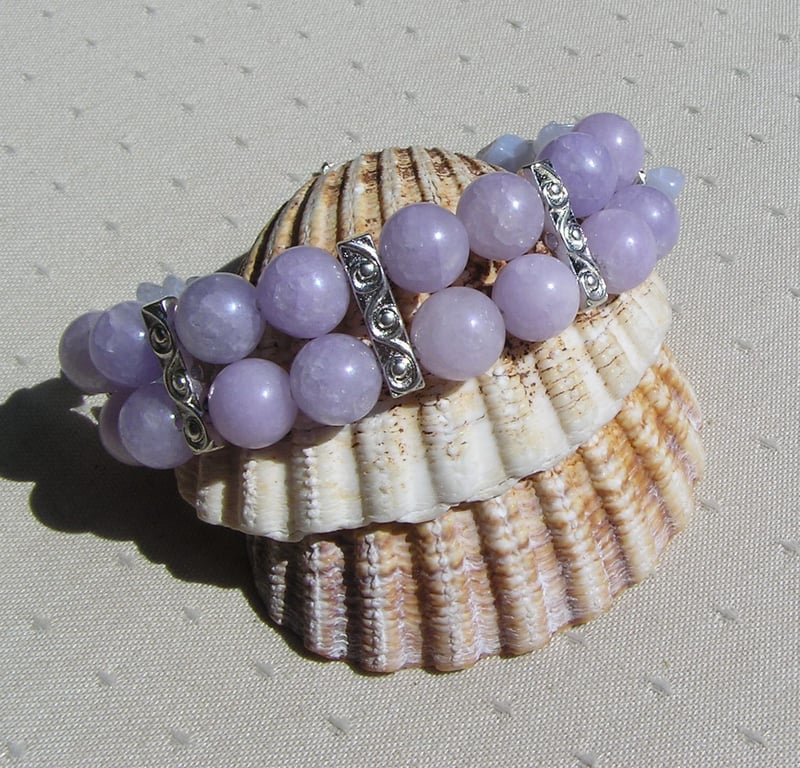 Blue Angelite & Blue Lace Agate Gemstone Crystal Beaded Bracelet - Free UK Post
