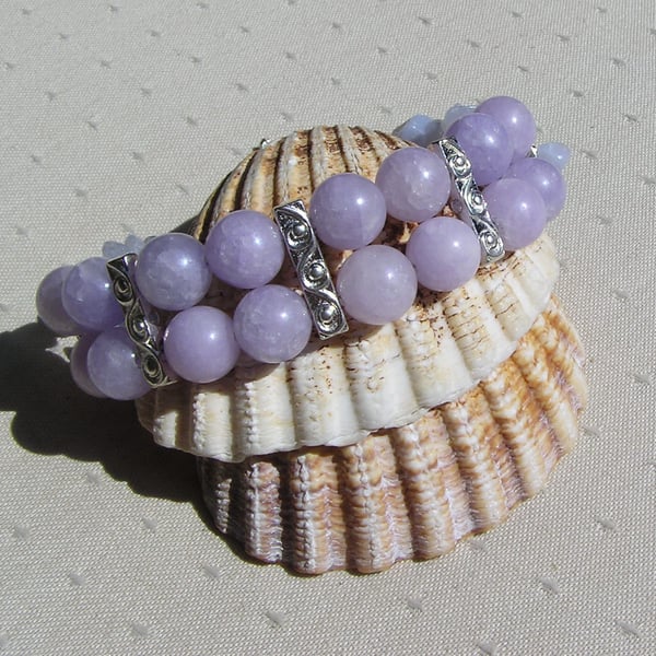 Blue Angelite & Blue Lace Agate Gemstone Crystal Beaded Bracelet - Free UK Post