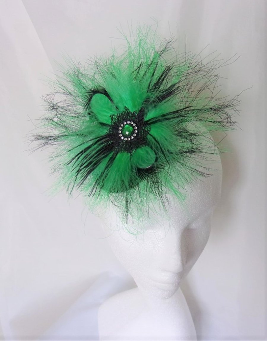Emerald Green & Black Crinoline & Sinamay Fascinator Hat