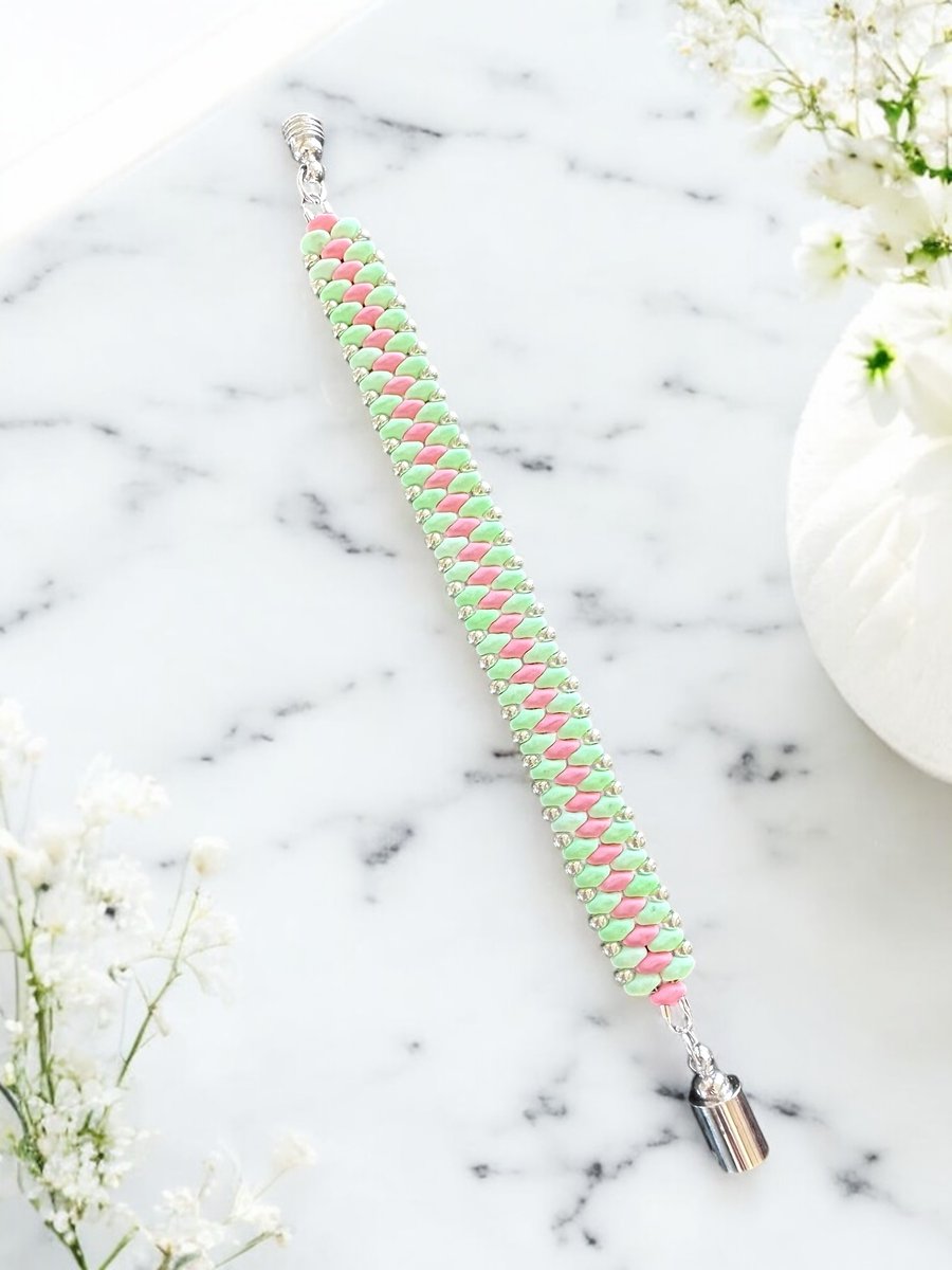 Slim SuperDuo Bracelet - Matte Lime & Coral