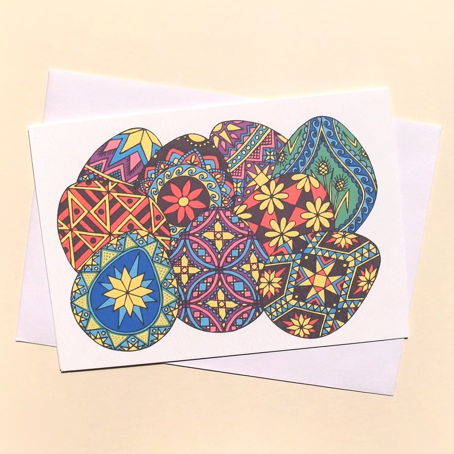 Greetings Card with Colourful Ukrainian Decorated Eggs - blank inside A-PYB