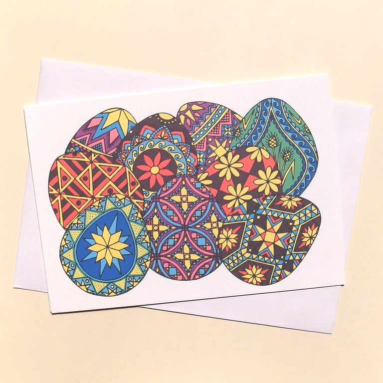 Greetings Card with Colourful Ukrainian Decorated Eggs - blank inside A-PYB