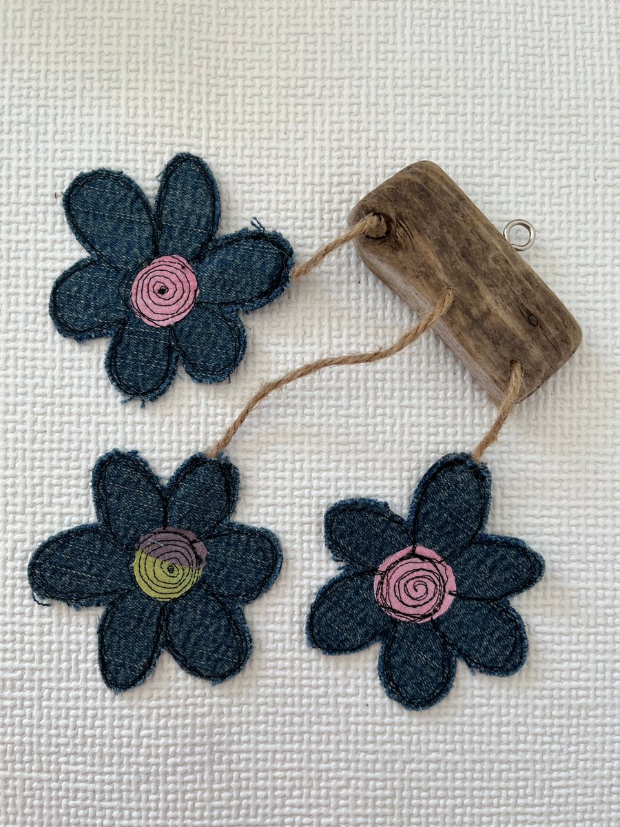 Driftwood and Stitched  Denim Flower Hanging Decoration 