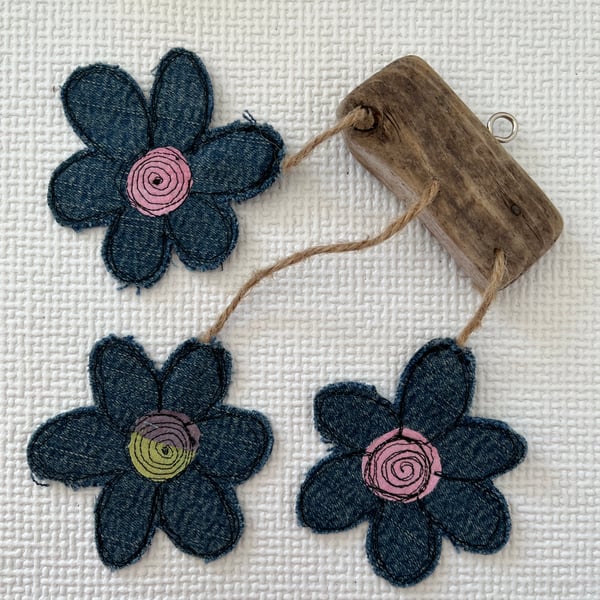 Driftwood and Stitched  Denim Flower Hanging Decoration 