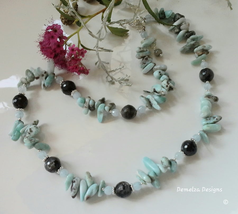 Larimar Aquamarine & Labradorite Sterling Silver Necklace